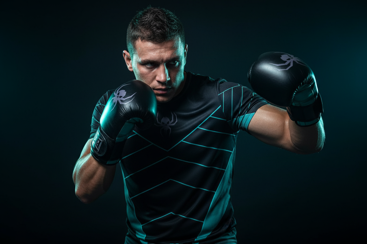 Fighter with MAVCORE shirt and boxing gloves