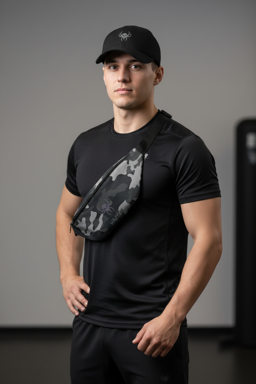 Männlicher Model mit diagonal getragener MAVCORE Bauchtasche und Cap